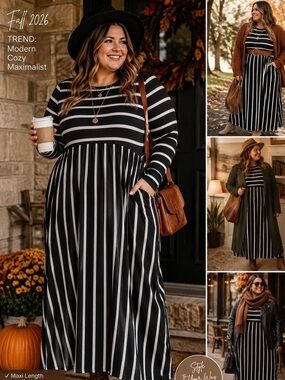 Black White Striped Maxi Dress Plus Size Boho Casual Long Sleeve Dress Fall
